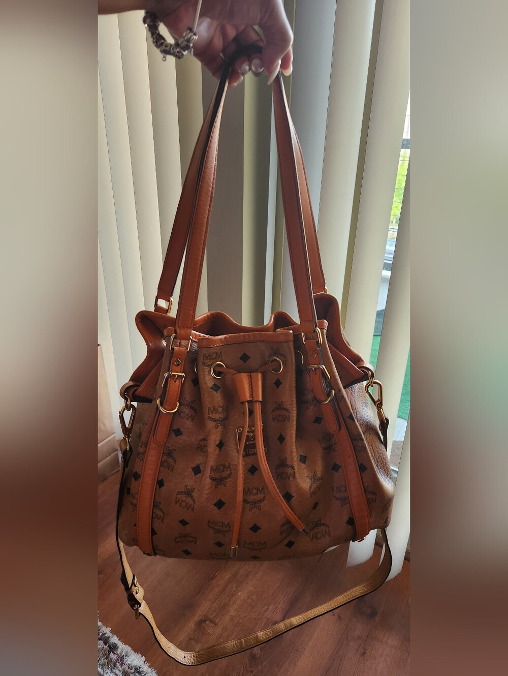 MCM Cognac Logo Drawstring Bucket Bag - Cognac